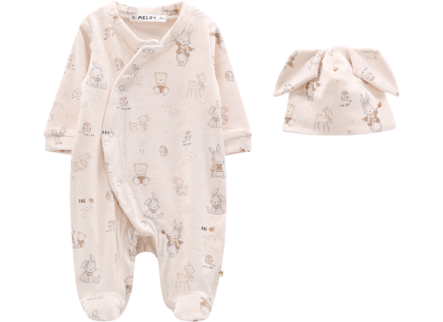 Completino Neonato Tutina con Piedini e Berretto Animaletti del Bosco Bianco Panna – Melby