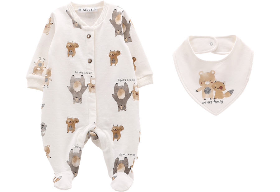 Tutina in Felpa con Animaletti del Bosco e Bavaglino Neonato – Cotone Melby