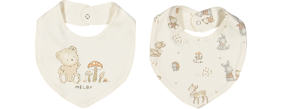 Set 2 Bavaglini Bandana Neonato Amici del Bosco Bianco Panna – Cotone Melby