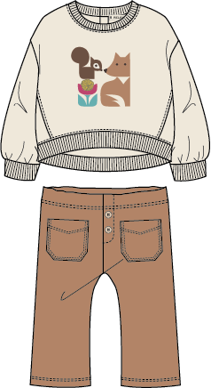 Completo 2 Pezzi Bambina Felpa Garzata Scoiattolo e Volpe con Pantaloni Cammello – Melby