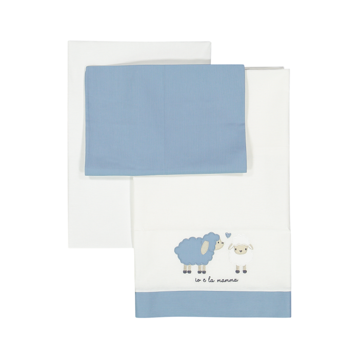 Set Lenzuolo Carrozzina Mussola Cotone Neonato - Pecorelle Celeste - Melby
