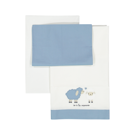 Set Lenzuolo Carrozzina Mussola Cotone Neonato - Pecorelle Celeste - Melby