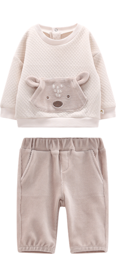Completo 2 Pezzi Neonato Felpa Jersey Orsetto con Taschina 3D e Pantaloni Ciniglia Beige – Melby