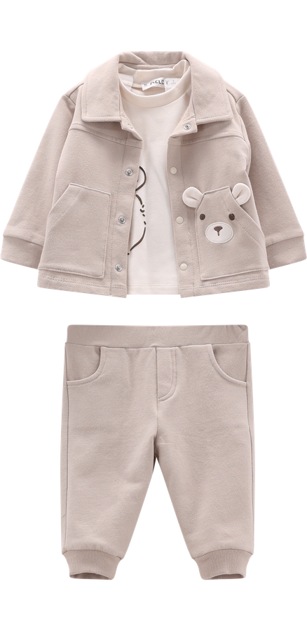 Completo 3 Pezzi Bambino Giacchina Felpa Beige con Orsetto Taschina e Pantaloni – Melby