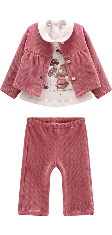 Completo 3 Pezzi Bambina Giacchina e Pantaloni Ciniglia Rosa con Orsetto – Melby