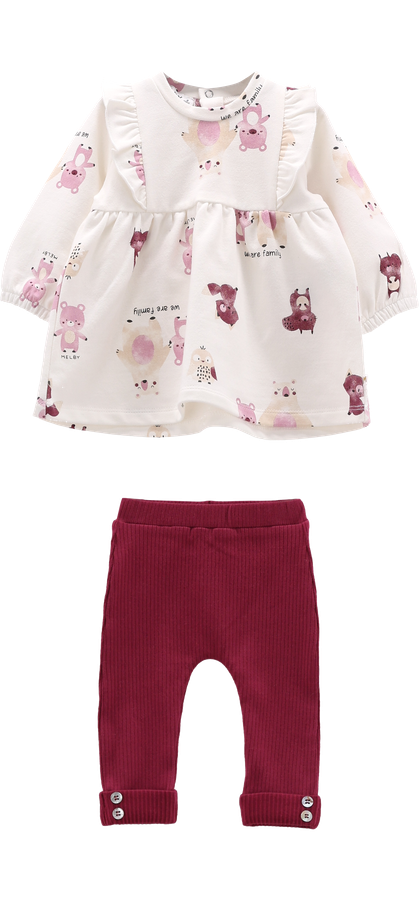 Completo 2 Pezzi Bambina Vestitino Felpa Animaletti con Rouches e Leggings Bordeaux – Melby