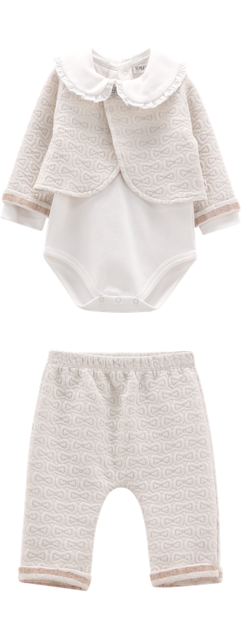 Completo 3 Pezzi Neonata Cardigan e Pantaloni Fiocchetti Lurex con Body Colletto Rouches – Melby