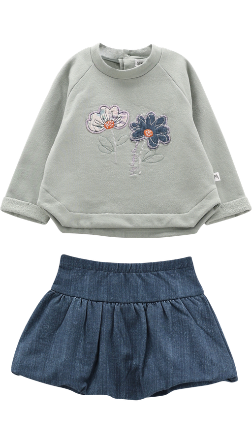 Completo 2 Pezzi Bambina Felpa Fiorellini Ricamati e Gonna Effetto Jeans – Melby