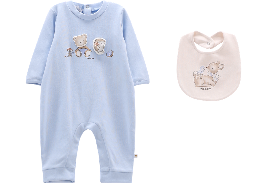 Completino Neonato Tutina Azzurra Orsetto e Riccio con Bavaglina Cerbiatto – Cotone Melby