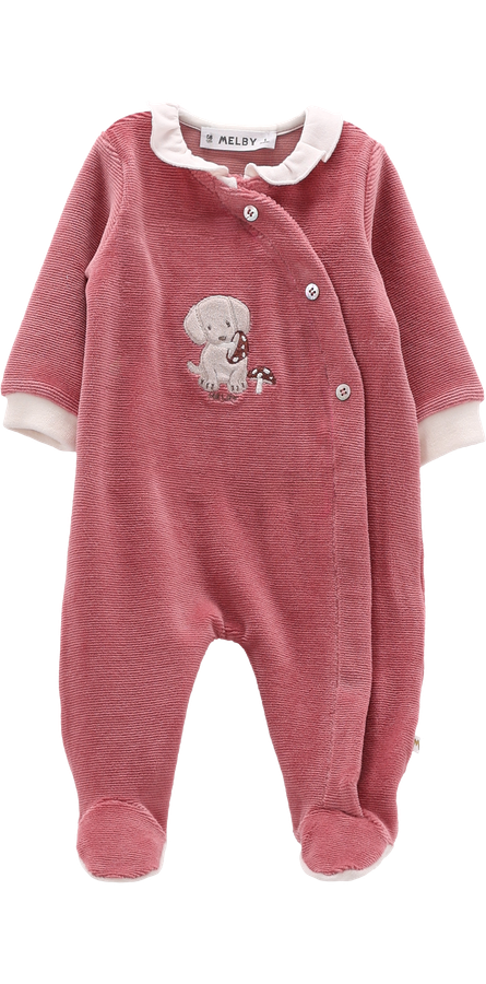 Tutina con Piedini Neonata in Ciniglia a Coste Rosa con Cagnolino Ricamato – Melby