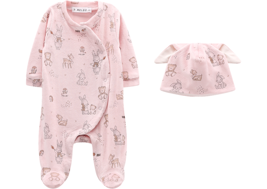 Completino Neonata Tutina con Piedini e Berretto Animaletti del Bosco Rosa – Melby