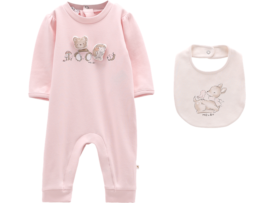 Completino Neonata Tutina Rosa con Orsetto e Bavaglina Cerbiatto – Cotone Melby