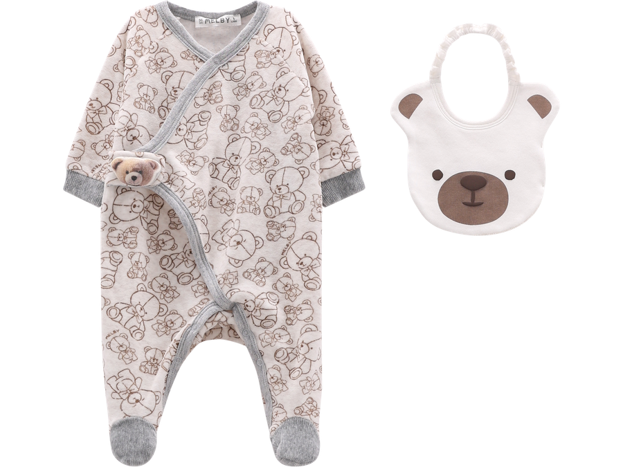 Completino Neonato Tutina con Piedini Orsetti e Bavaglina Sagomata Orsetto – Melby