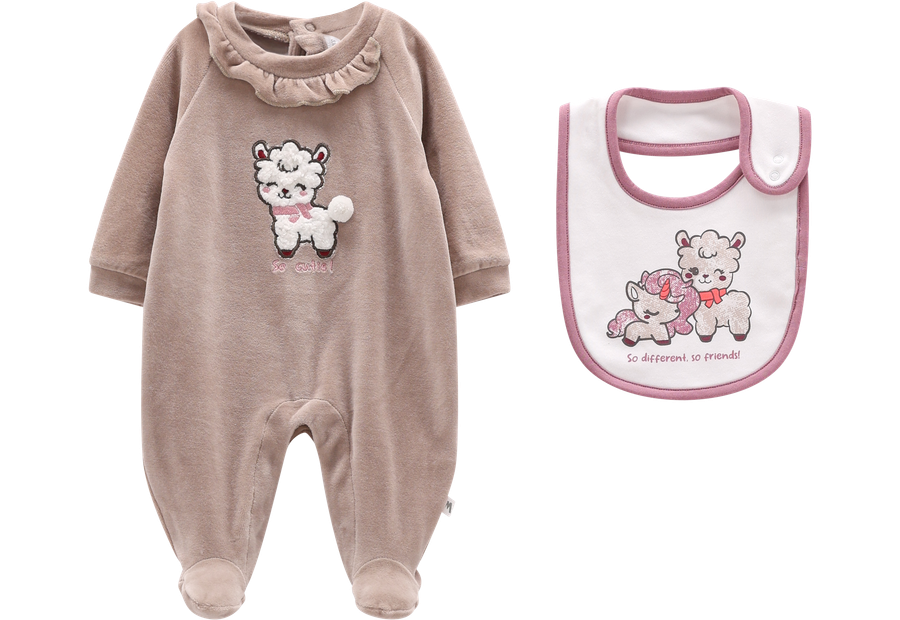 Completino Neonata Tutina in Ciniglia con Lama Applicato e Bavaglino Coordinato – Melby