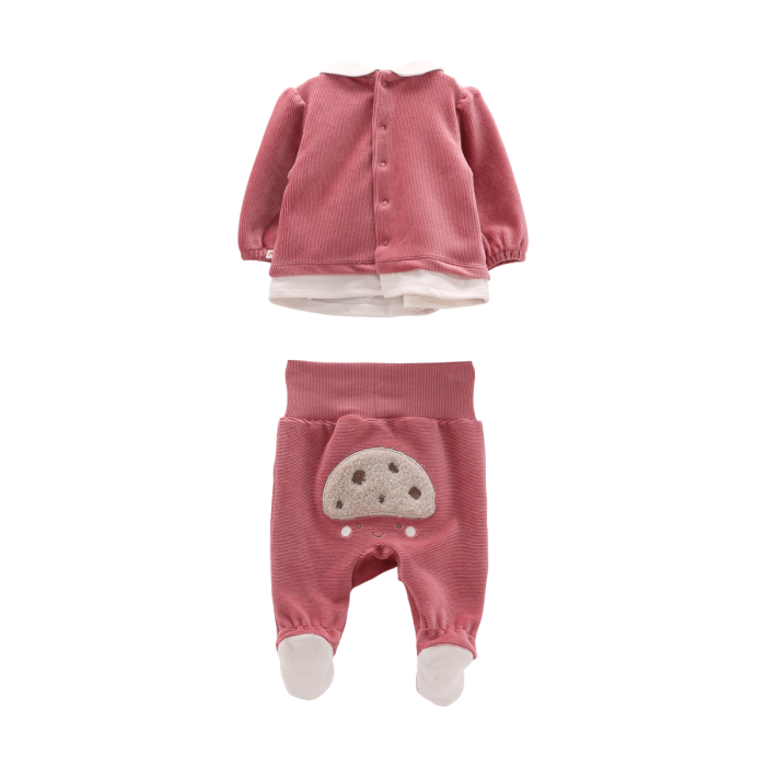 Completo Culla Neonata in Ciniglia a Coste Rosa – Maglietta e Ghettina Melby
