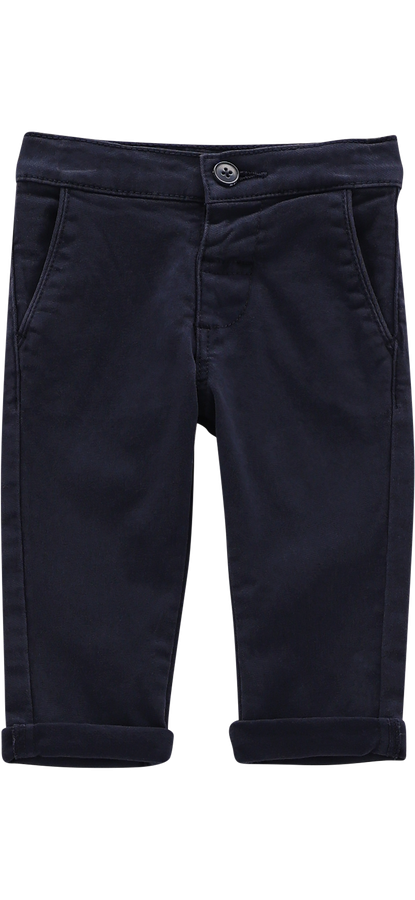 Pantaloni Chino Bambino in Gabardina Stretch Blu Navy con Risvolto – Melby