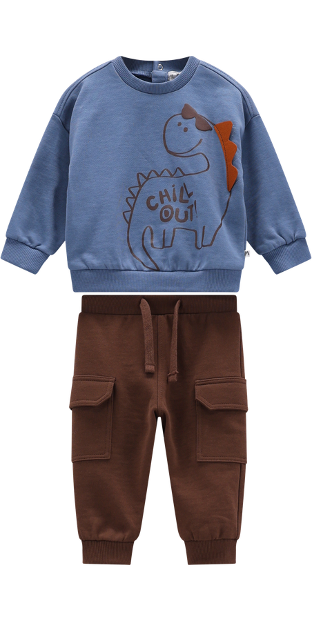 Completo 2 Pezzi Bambino Felpa Dinosauro "Chill Out" e Pantaloni Cargo – Melby