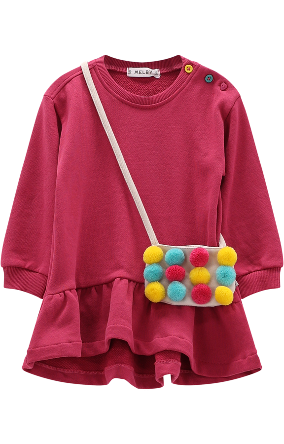Abito Bambina in Felpa Fucsia con Balza e Borsetta a Tracolla Pompon Colorati – Melby