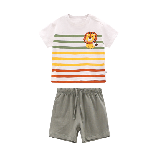 Completo Neonato Cotone T-Shirt Leone e Pantaloncini Righe | MELBY
