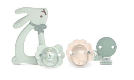 Set Regalo Suavinex Verde – 2 Succhietti + Clip + Anello Massaggiagengive 0-6 Mesi