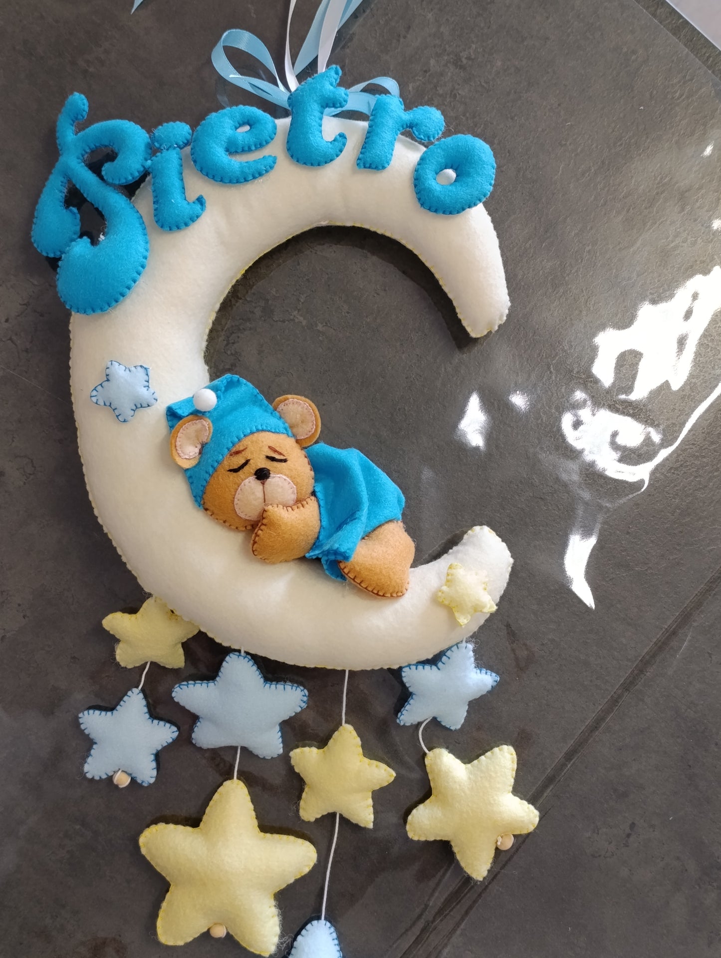 Fiocco Nascita Pannolenci Personalizzato - Orsetto Luna e Stelle