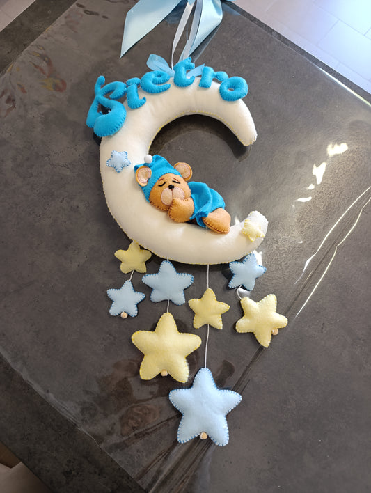 Fiocco Nascita Pannolenci Personalizzato - Orsetto Luna e Stelle