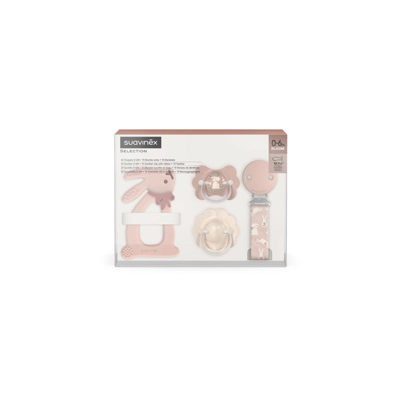 Set Regalo Suavinex Rosa – 2 Succhietti + Clip + Anello Massaggiagengive 0-6 Mesi